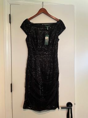 Ralph Lauren Black Sequin Midi Dress with Cap Sleeves